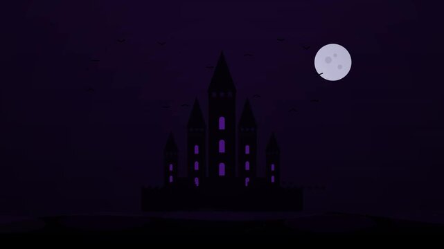 Spooky Halloween Castle Silhouette Under Full Moon
