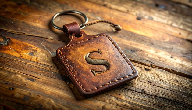 A brown leather keychain with a stitched border and metal ring on a wooden surface