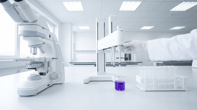 Laboratory workstation with a microscope and pipette dispensing liquid into a beaker