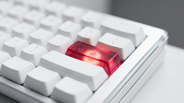 Modern White Computer Keyboard with a Translucent Glowing Red Enter Key for Digital Computing and Programmable Desktop Workstation Concept