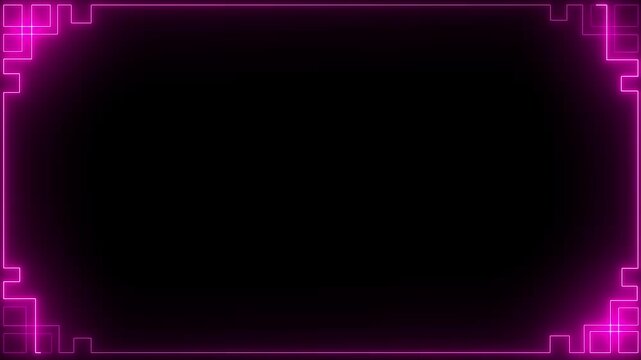 Empty futuristic holographic neon frame with glowing pink color digital border and abstract geometric accents on a black background 4k video