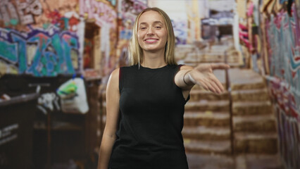 Naklejka premium Woman blows a kiss with hands near face, smiling with closed eyes, wearing a black sleeveless top in a graffiti-lined street stairway; joy.