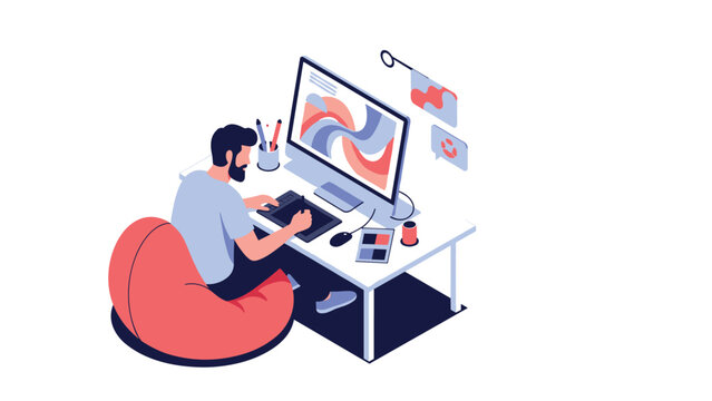 Creative graphic designer using a digital tablet and computer to create digital illustrations from a bean bag.