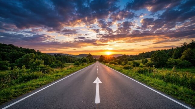 Road stretching into the horizon under a dramatic sunset sky