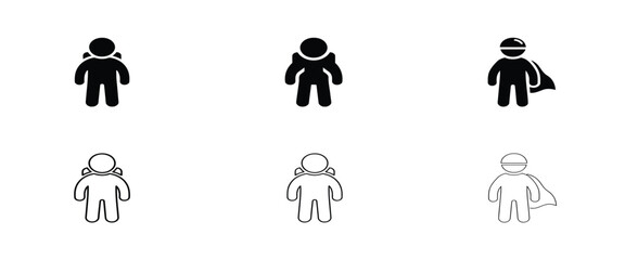 Set of six black and white showing a person with a backpack and a superhero with a flowing cape human © Patriot Visuals