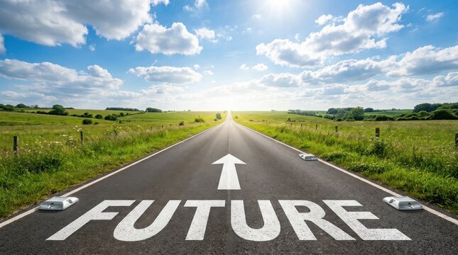 Road leading to the horizon with future text and arrow painted on asphalt