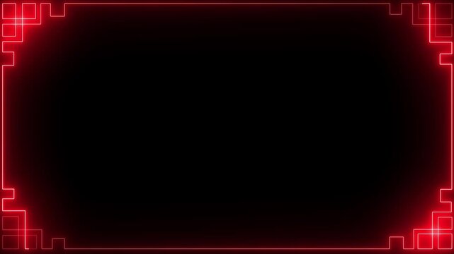 Empty futuristic holographic neon frame with glowing red color digital border and abstract geometric accents on a black background 4k video