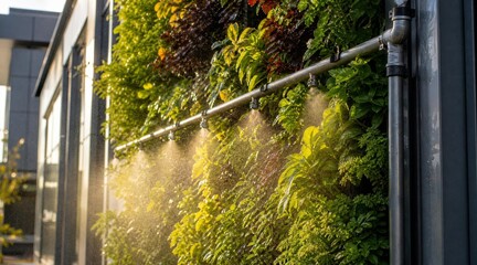 Fototapeta premium Automated misting system watering a lush vertical garden wall.