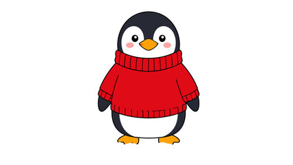 Fototapeta premium Cute penguin character wearing a red sweater on snow