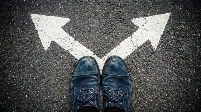 Person standing at a crossroads with two diverging arrows