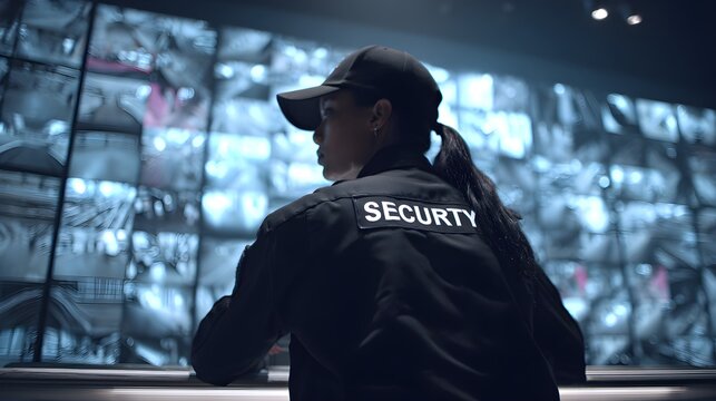 Security guard monitoring surveillance screens, professional female officer in uniform, high-tech control room with CCTV monitors