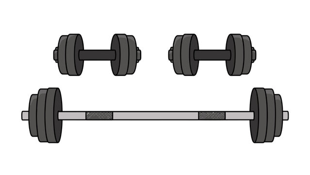 Set of dumbbells and barbell in simple vector style