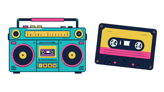 Colorful retro boombox and cassette tape vector illustration