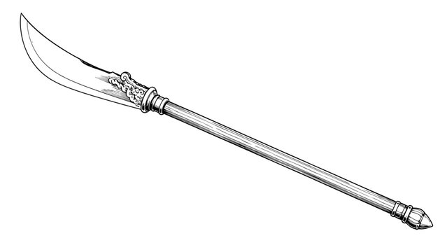 Detailed line drawing of a curved polearm on white background