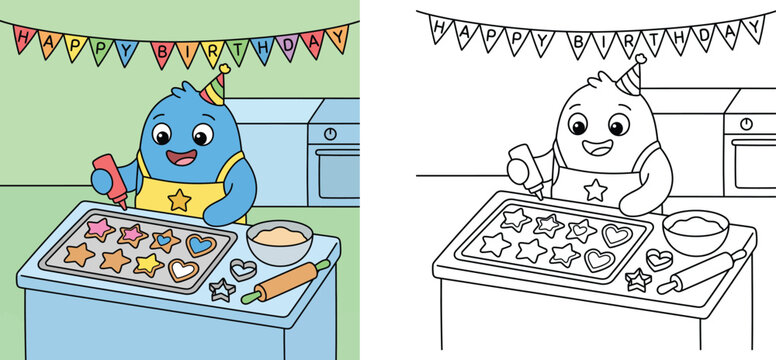 Cute cartoon monster character baking cookies in kitchen with happy birthday banner colored version and black and white coloring page for kids activity