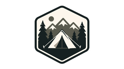Camping tent badge with mountains and pine forest vector icon © Artstock