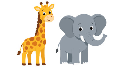 Obraz premium Cute cartoon giraffe and elephant animal vector illustration