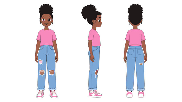 Girl character turnaround with front side and back views