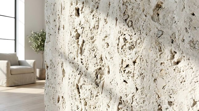 Porous travertine stone wall in bright sunlight.