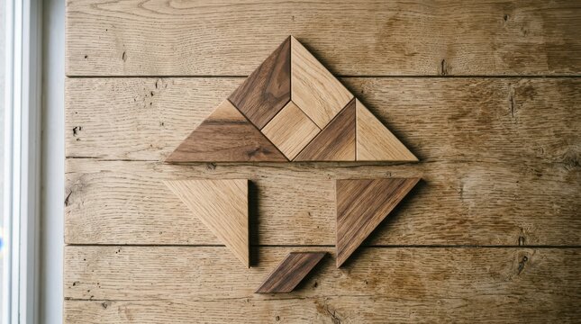 Wooden tangram puzzle pieces arranged on a rustic wooden background
