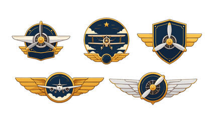 Vintage aviation badge set with wings and propeller emblems © Artstock