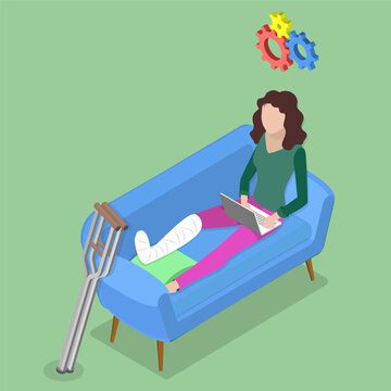 3D Isometric Flat Vector Illustration of Injured Worker, Woman On Sofa At Home Working On Computer With Broken Leg
