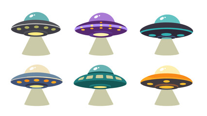 Set of colorful cartoon flying saucer icons on white © Artstock