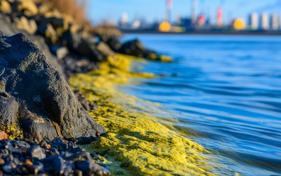 Close-up of rocky shore with yellow algae green moss along bright blue water edge