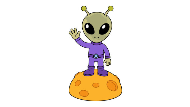 Cartoon alien waving while standing on an orange asteroid