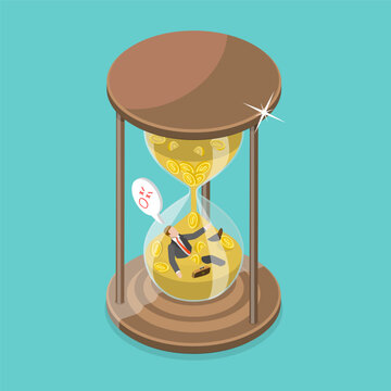 3D Isometric Flat Vector Illustration of Debts Due Date, Businessman Consumed By Sand In Hourglass.