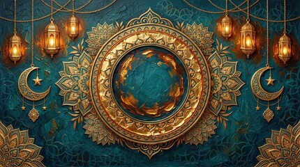 Obraz premium Islamic golden Ramadan lantern and crescent moon decoration. Luxury Eid Mubarak ornate pattern with turquoise background for festive design.