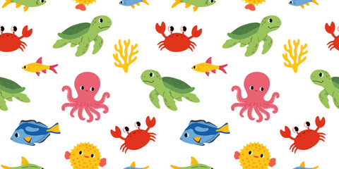 Seamless pattern with cute ocean animals. Turtle, octopus, crab, puffer fish and blue surgeonfish sea creatures. Flat illustration for children's design. © Nataliia Vyshnytska
