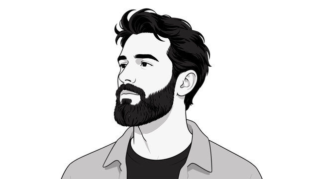 Black and white vector portrait of bearded man looking away