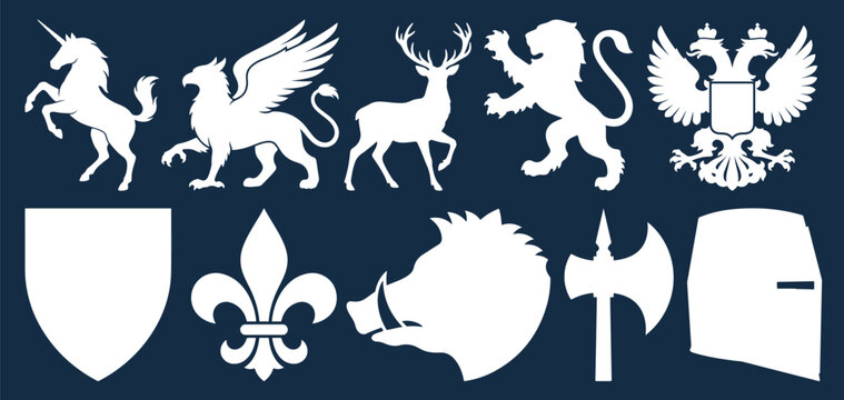 Medieval Heraldic Gothic Items Collection Featuring Lion Griffin and Crest Symbols