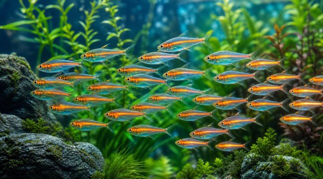 A school of small neon tetra fish swimming in a planted aquarium.