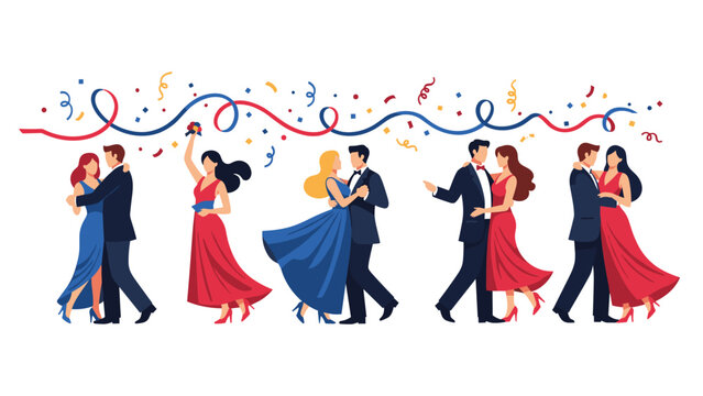 Group of elegant couples in beautiful evening dresses and suits dancing happily at a celebratory party event.
