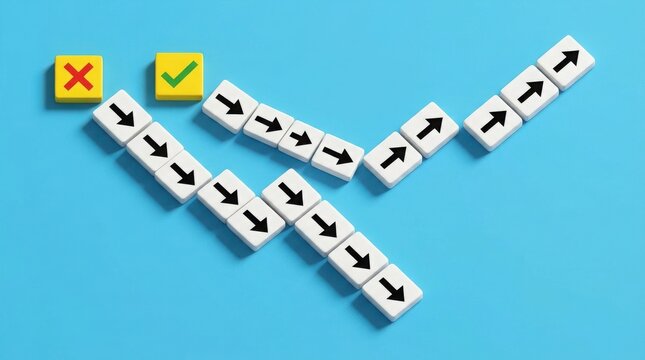Conceptual image showing correct and incorrect paths with arrows on blue background