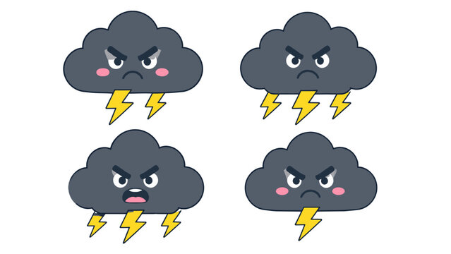 Set of angry storm cloud cartoon icons with lightning bolts