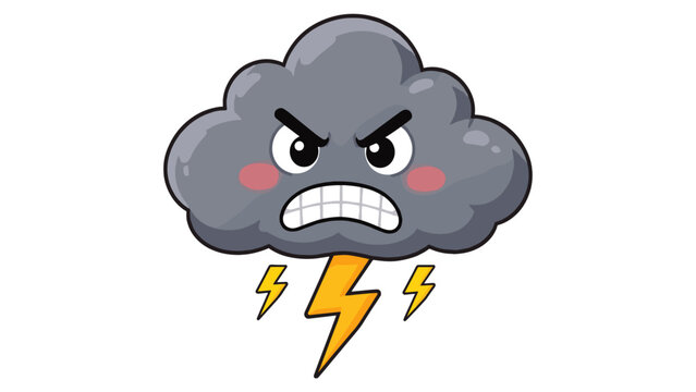 Angry storm cloud cartoon with lightning bolts isolated