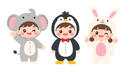 Cute children in elephant penguin and rabbit costumes