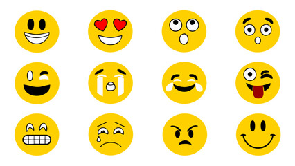 Fototapeta premium Set of yellow cartoon emoticon faces vector. Funny emoji characters showing love, crying, winking, and angry expressions on white background.