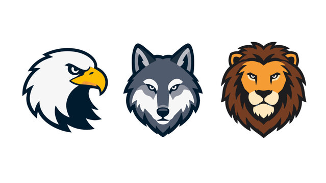 Eagle wolf and lion mascot head icons set in vector style