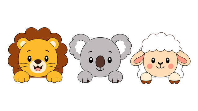 Cute cartoon lion koala and sheep faces in a row