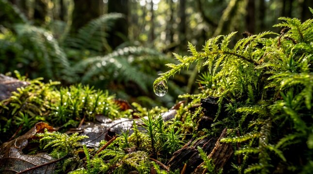 Deep Forest Microcosm with Green Moss and a Perfect Suspended Dewdrop in Macro View
