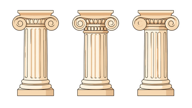 Three classical ionic columns in beige vector illustration