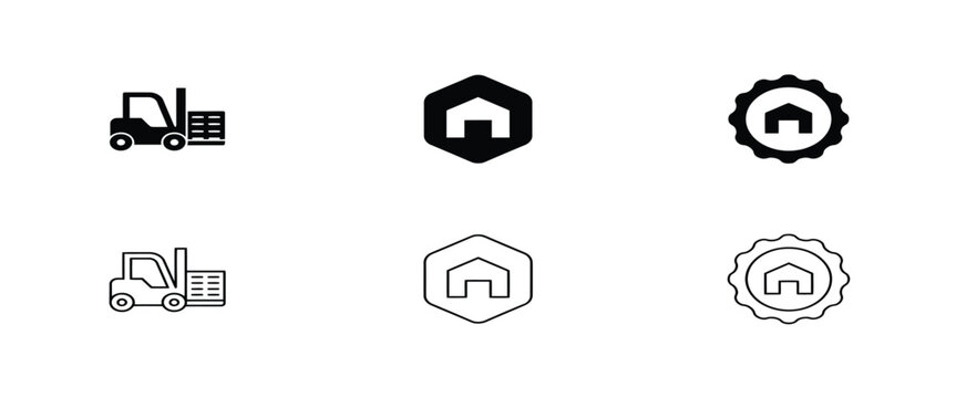 Six black and white of forklifts and warehouse symbols in solid and linear outline variations storage
