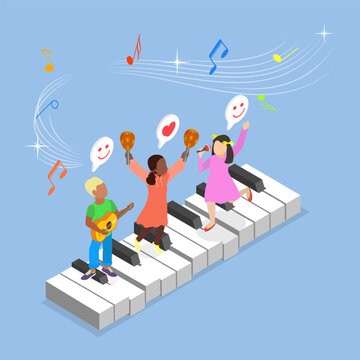 3D Isometric Flat Vector Illustration of Toddler Musical Performance, Children Singing And Dancing With Friends In Joyful Harmony