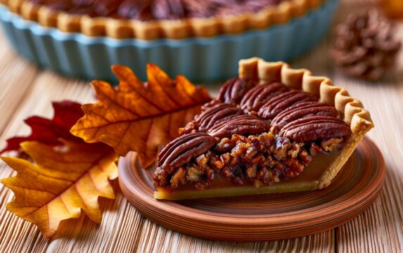 Close up view of slice pecan pie with whole pecan nut topping and autumn leaves