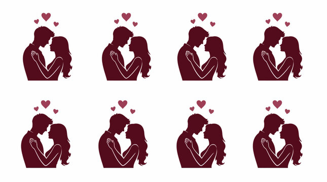 Silhouettes of a romantic couple with floating hearts.