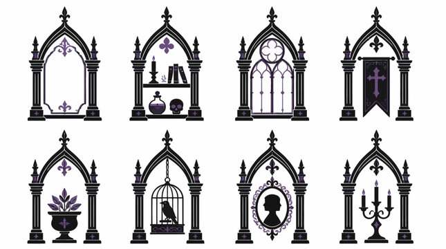Gothic arched window frames with spooky silhouettes.